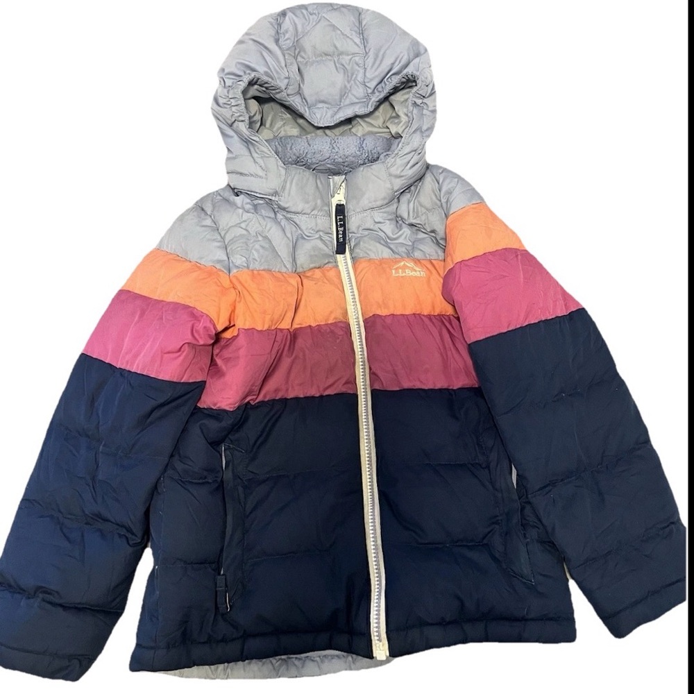 L.L. Bean Girls 6x-7 Down Puffer Jacket Colorblock Winter Hooded, Small Damage
